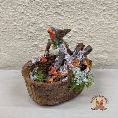 Miniatuur poppenhuis mandje met roodborstje 1:12, handgemaakte decoratie